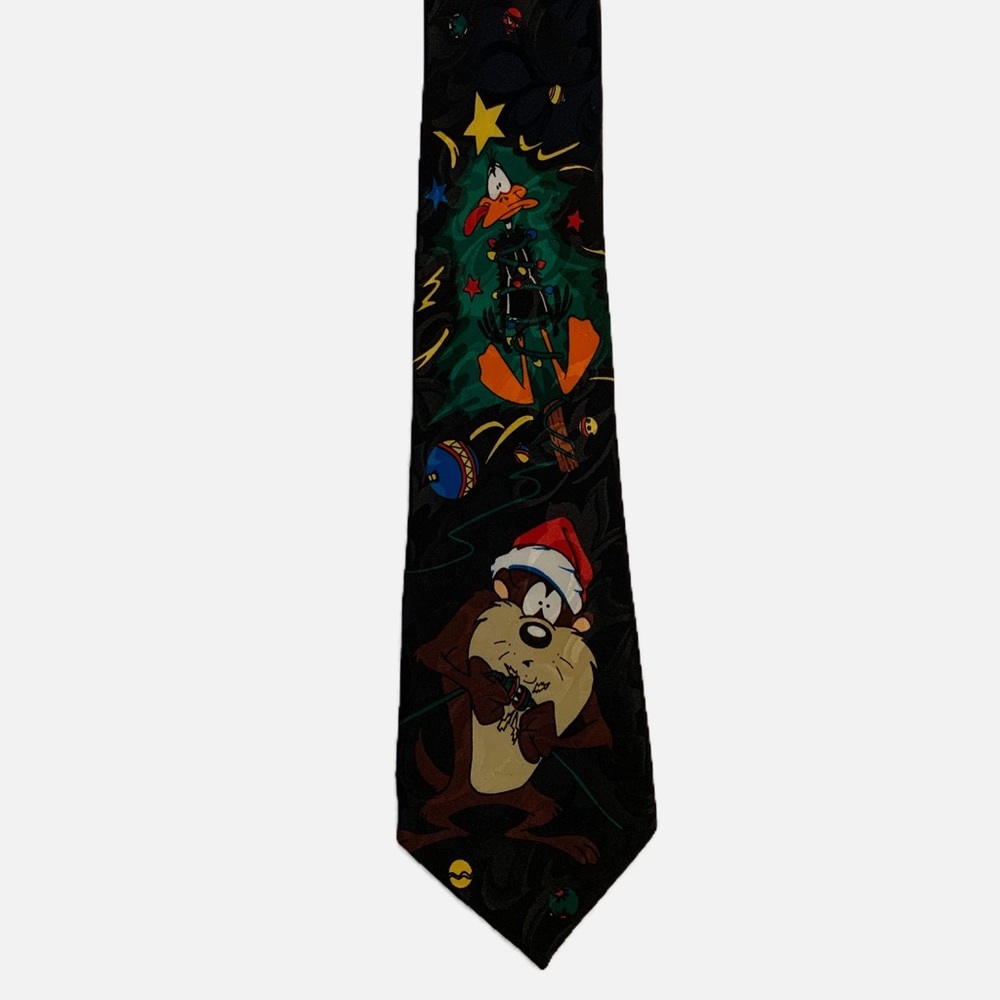 Looney Tunes Christmas tie.  Daffy Duck & Tasmanian Devil.  Black background.